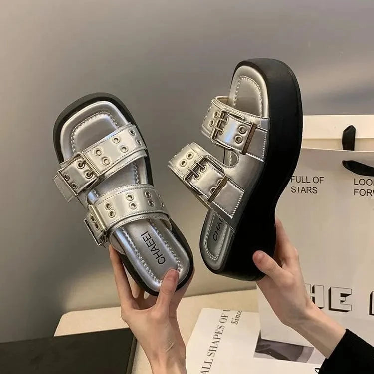 Dropshipping Custom Logo Chunky Platform Metal Buckle Ladies Designer Slippers Y2K style Slides Slippers for Women