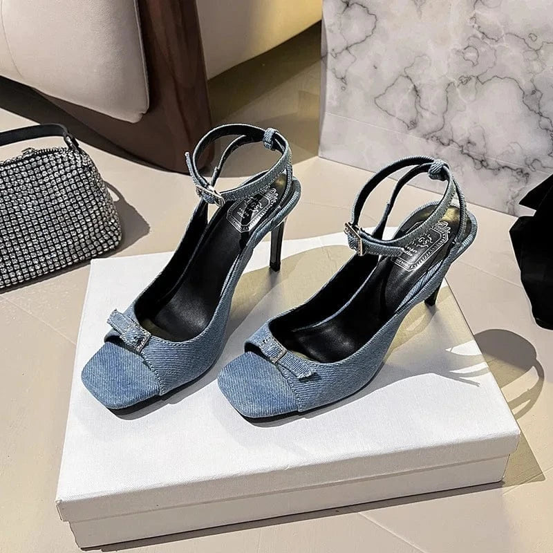 Dropshipping Custom Logo Designer Denim Thin High Heels Girls Open Toe Pumps Shoes Women Ankle Strap Heeled Sandals