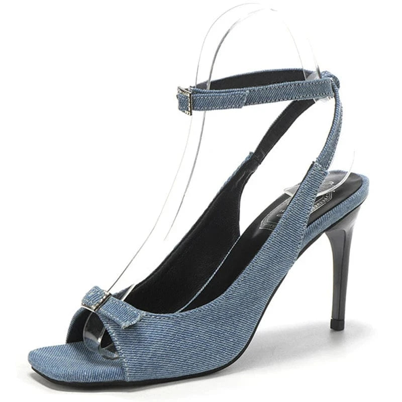 Dropshipping Custom Logo Designer Denim Thin High Heels Girls Open Toe Pumps Shoes Women Ankle Strap Heeled Sandals