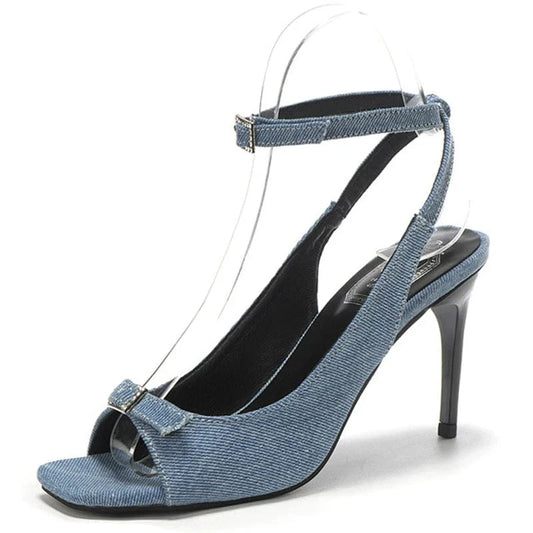 Dropshipping Custom Logo Designer Denim Thin High Heels Girls Open Toe Pumps Shoes Women Ankle Strap Heeled Sandals