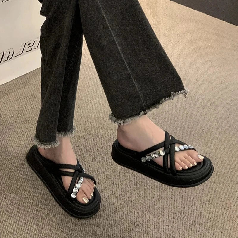 Dropshipping Custom Logo Designer Fashion Pink Color Rhinestone Ladies Slippers Summer Flat Slides Slippers for Women