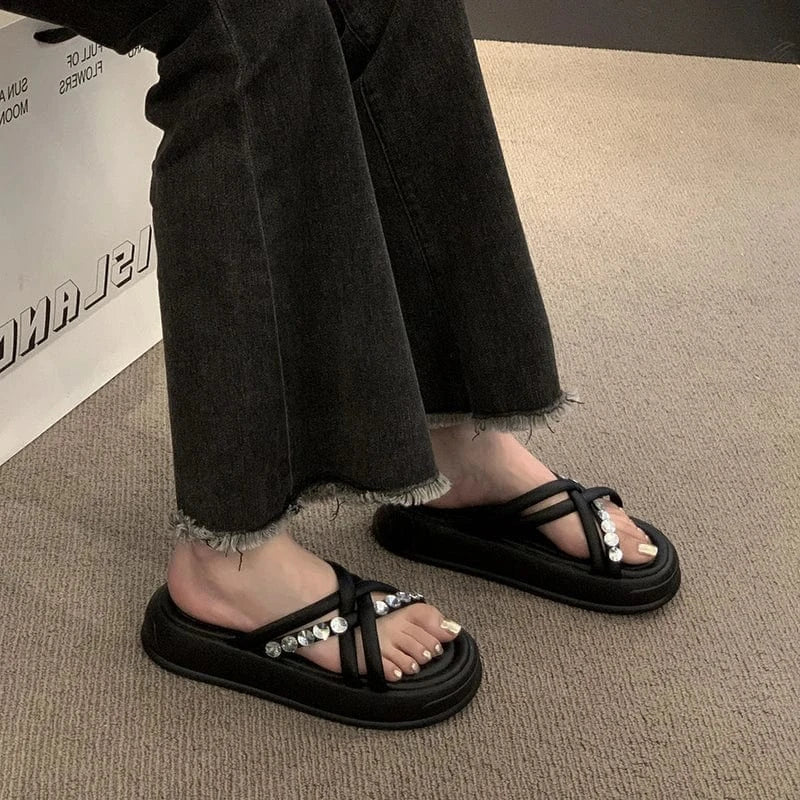 Dropshipping Custom Logo Designer Fashion Pink Color Rhinestone Ladies Slippers Summer Flat Slides Slippers for Women