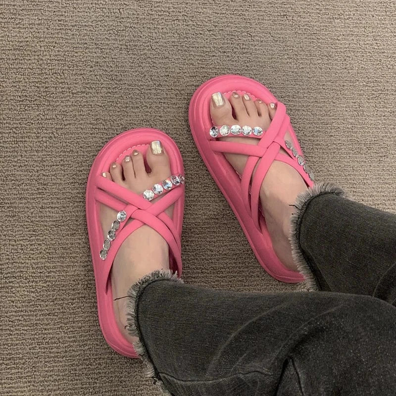 Dropshipping Custom Logo Designer Fashion Pink Color Rhinestone Ladies Slippers Summer Flat Slides Slippers for Women
