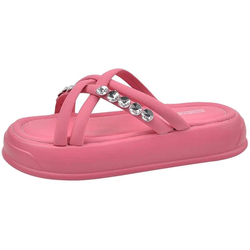Dropshipping Custom Logo Designer Fashion Pink Color Rhinestone Ladies Slippers Summer Flat Slides Slippers for Women