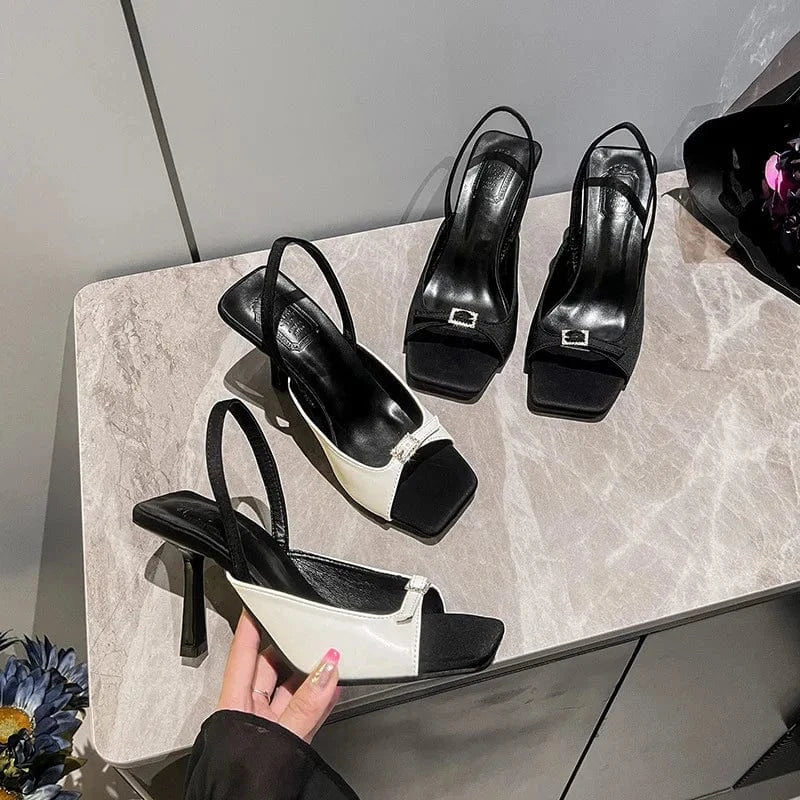 Dropshipping Custom Logo Fashion Trend Women`s Thin High Heels Open Square Toe Pumps Ankle Strap Heeled Sandals