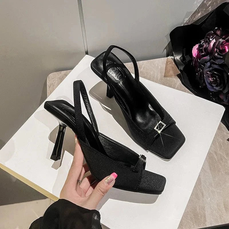 Dropshipping Custom Logo Fashion Trend Women`s Thin High Heels Open Square Toe Pumps Ankle Strap Heeled Sandals