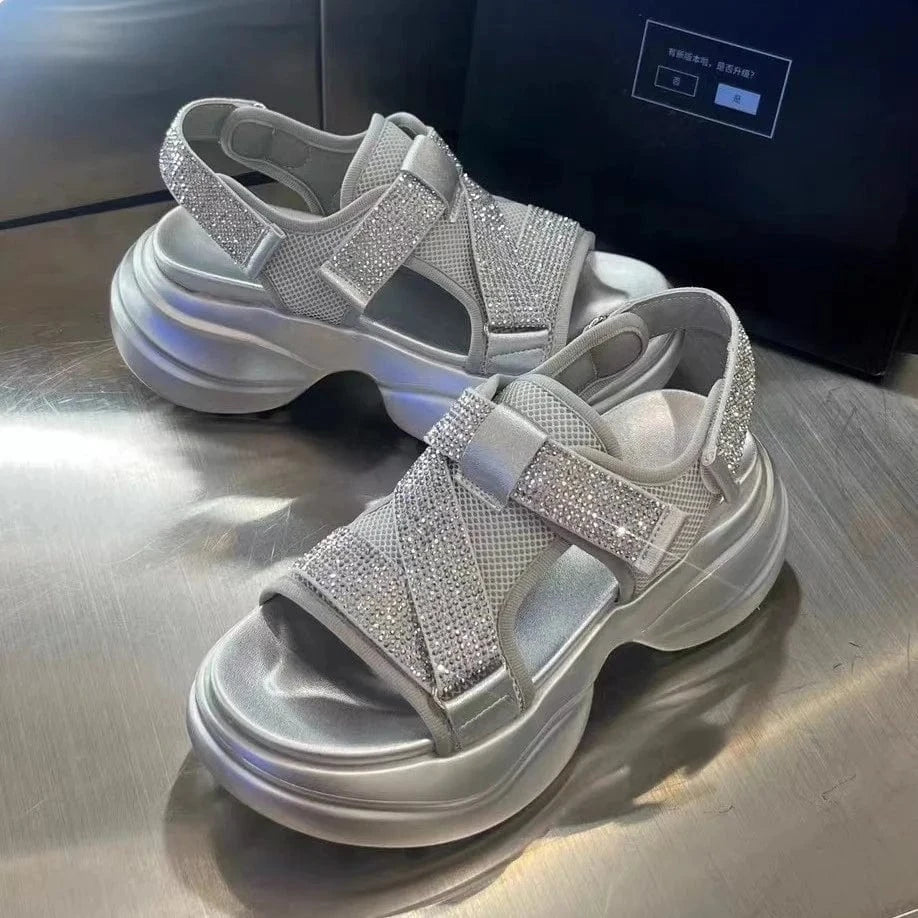 Dropshipping Custom Logo Genuine Leather Rhinestone Women's Wedges Sandals Chunky Platform Sandal Shoes