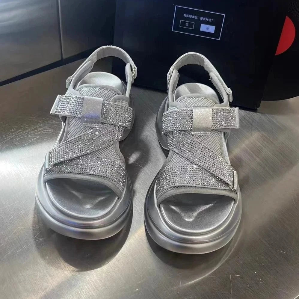 Dropshipping Custom Logo Genuine Leather Rhinestone Women's Wedges Sandals Chunky Platform Sandal Shoes