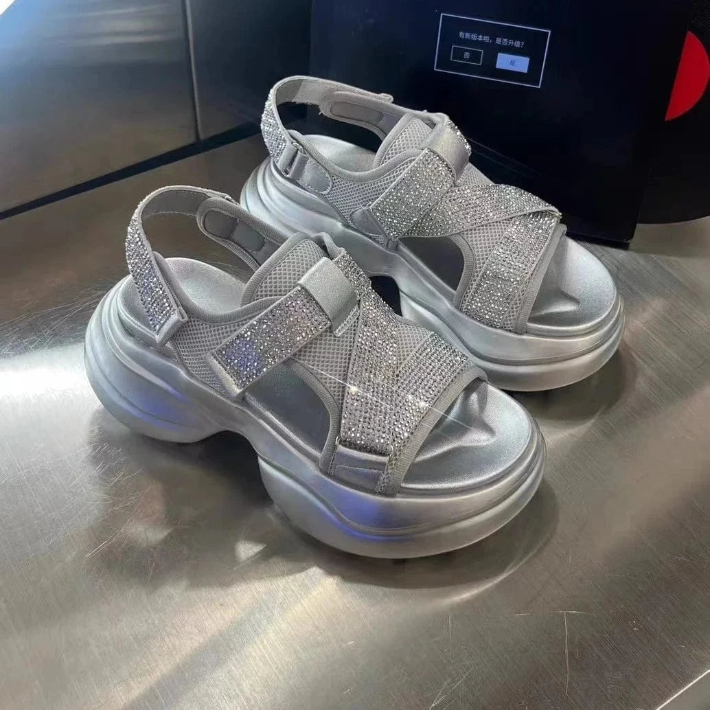 Dropshipping Custom Logo Genuine Leather Rhinestone Women's Wedges Sandals Chunky Platform Sandal Shoes