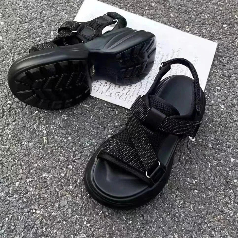 Dropshipping Custom Logo Genuine Leather Rhinestone Women's Wedges Sandals Chunky Platform Sandal Shoes