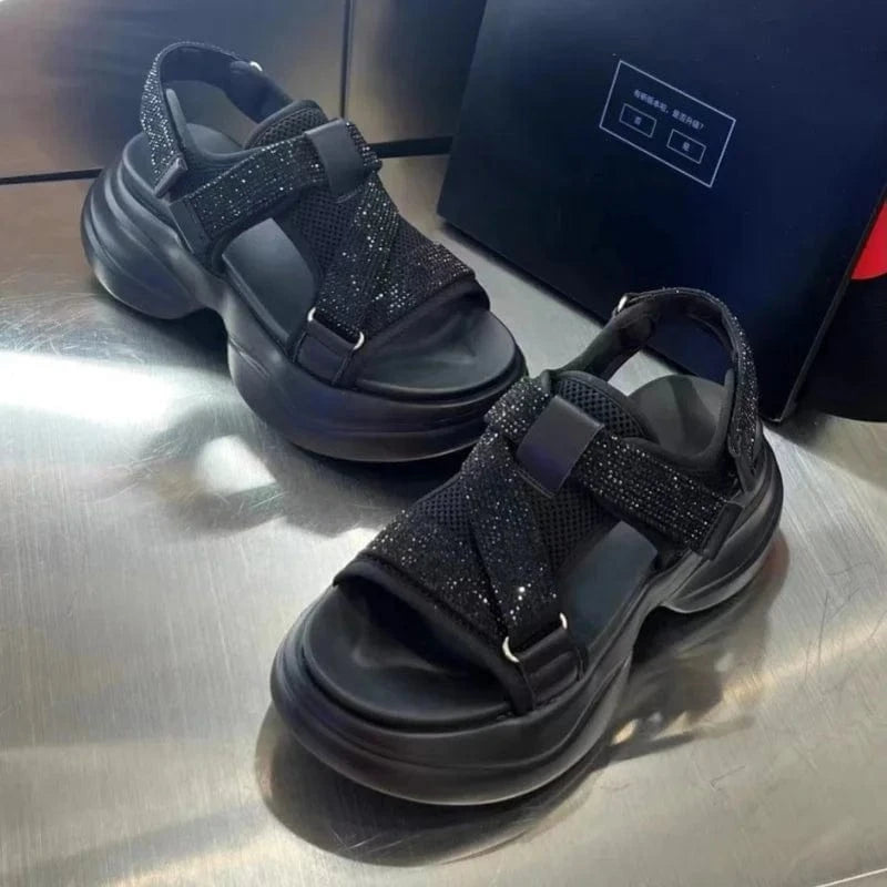 Dropshipping Custom Logo Genuine Leather Rhinestone Women's Wedges Sandals Chunky Platform Sandal Shoes