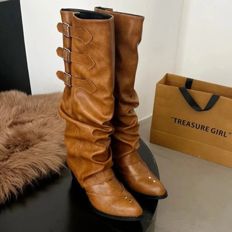 Dropshipping Custom Logo High Heels Women's Western Cowboy Boots Long Knight Boots Pointed Shoes Rubber Insole for Autumn