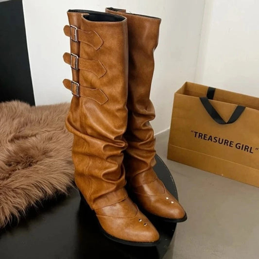 Dropshipping Custom Logo High Heels Women's Western Cowboy Boots Long Knight Boots Pointed Shoes Rubber Insole for Autumn