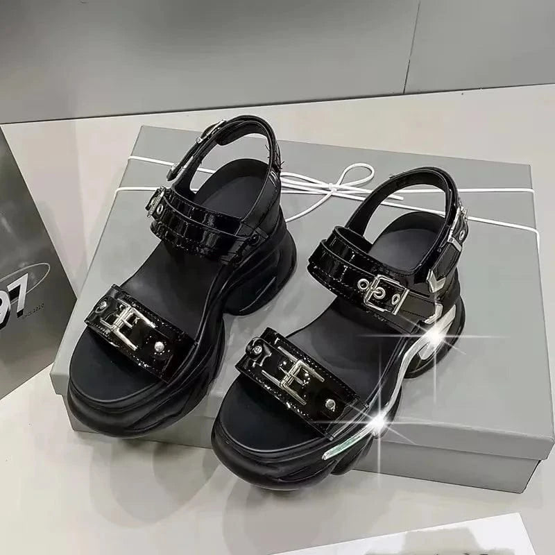 Dropshipping Custom Logo Metal Buckle Fashion Women's Wedges Sandals Green Comfortable  Height Increasing Shoes Girls Sandals