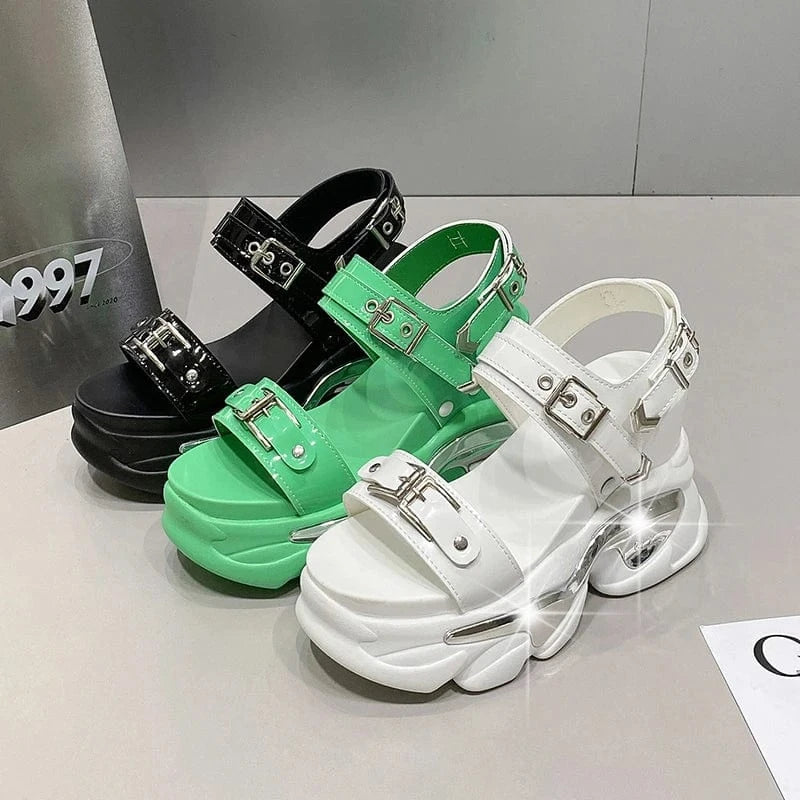 Dropshipping Custom Logo Metal Buckle Fashion Women's Wedges Sandals Green Comfortable  Height Increasing Shoes Girls Sandals