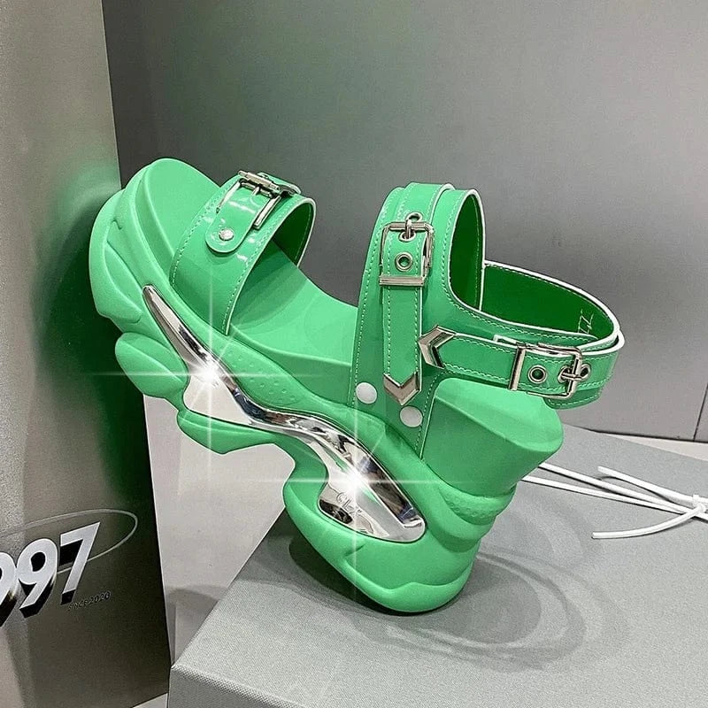 Dropshipping Custom Logo Metal Buckle Fashion Women's Wedges Sandals Green Comfortable  Height Increasing Shoes Girls Sandals