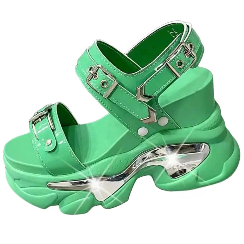 Dropshipping Custom Logo Metal Buckle Fashion Women's Wedges Sandals Green Comfortable  Height Increasing Shoes Girls Sandals