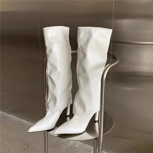 Dropshipping Custom Logo New High Heel Stiletto Pointed Knee-Length Knight Boots Solid Color Mid-Calf Long Boots Women Shoes