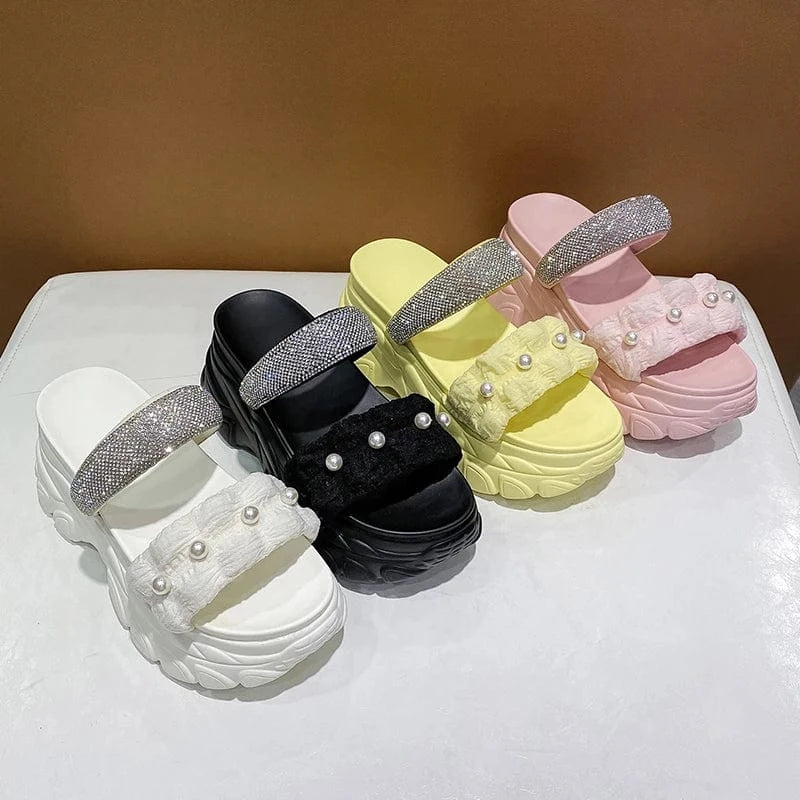 Dropshipping Custom Logo Pearl Design Women's Wedges Sandals Casual Comfortable Chunky Platform Slides Slippers