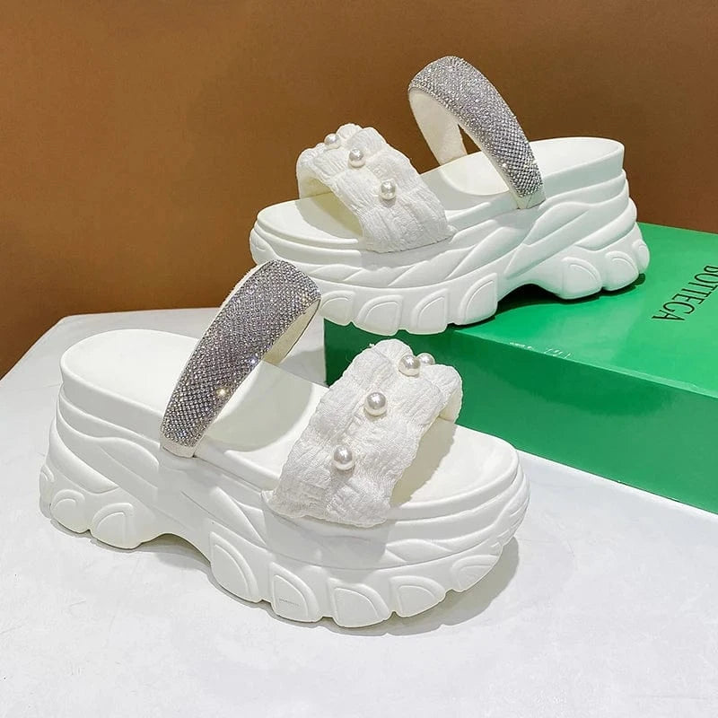 Dropshipping Custom Logo Pearl Design Women's Wedges Sandals Casual Comfortable Chunky Platform Slides Slippers