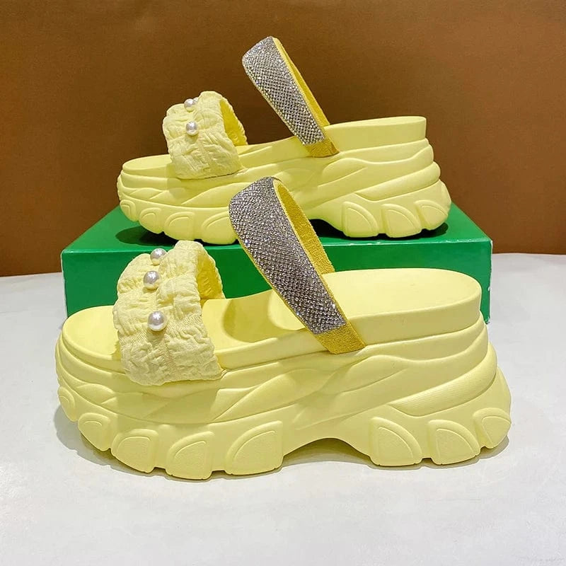 Dropshipping Custom Logo Pearl Design Women's Wedges Sandals Casual Comfortable Chunky Platform Slides Slippers