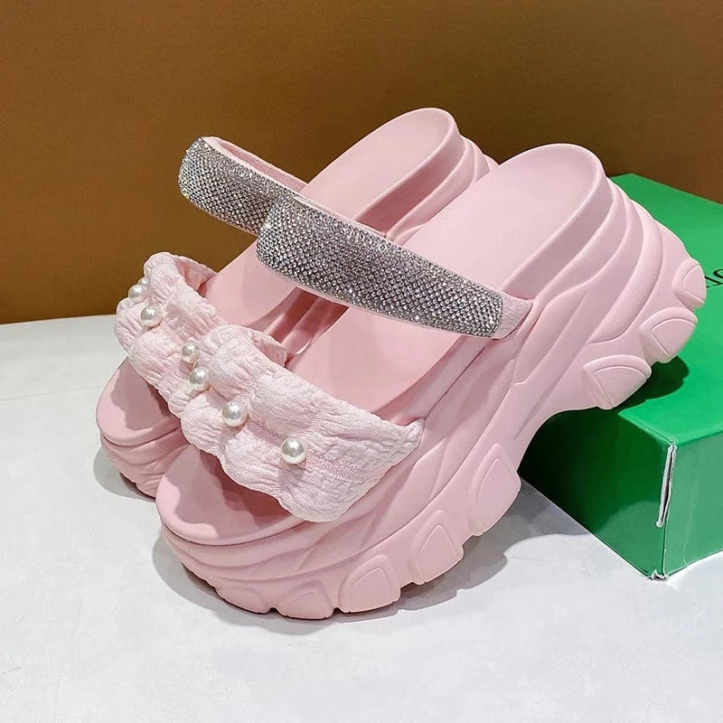 Dropshipping Custom Logo Pearl Design Women's Wedges Sandals Casual Comfortable Chunky Platform Slides Slippers