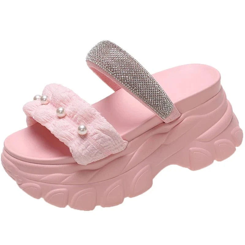 Dropshipping Custom Logo Pearl Design Women's Wedges Sandals Casual Comfortable Chunky Platform Slides Slippers