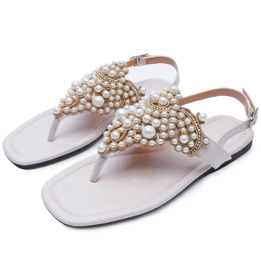 Dropshipping Custom Logo Pearl Wedding Shoes Women's Summer White Slide Sandals Flip-flops Soft Rhinestone Flat Beach Sandal