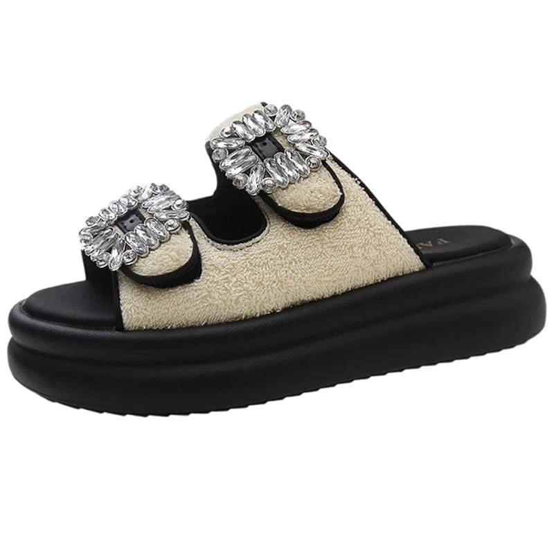Dropshipping Custom Logo Rhinestone Ladies Comfortable Wedges Slippers Fashion Platform Slides with Anti-Slip Eva Insole