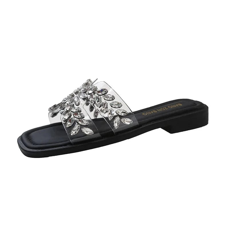 Dropshipping Custom Logo Rhinestone PVC Transparent Flat Fashion Women`s Sandals and Slippers for Ladies