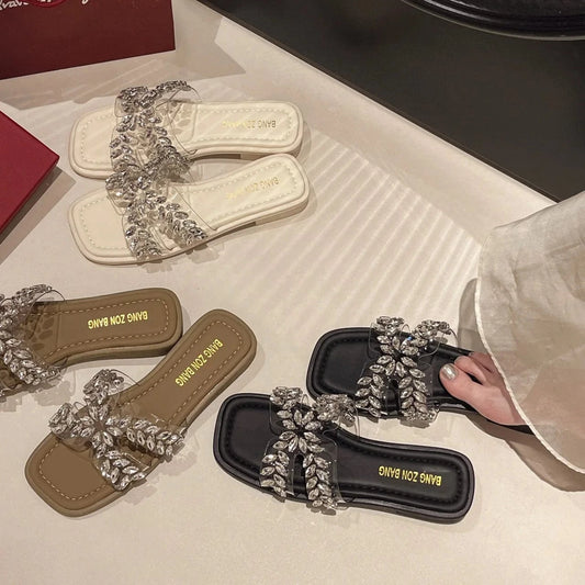 Dropshipping Custom Logo Rhinestone PVC Transparent Flat Fashion Women`s Sandals and Slippers for Ladies