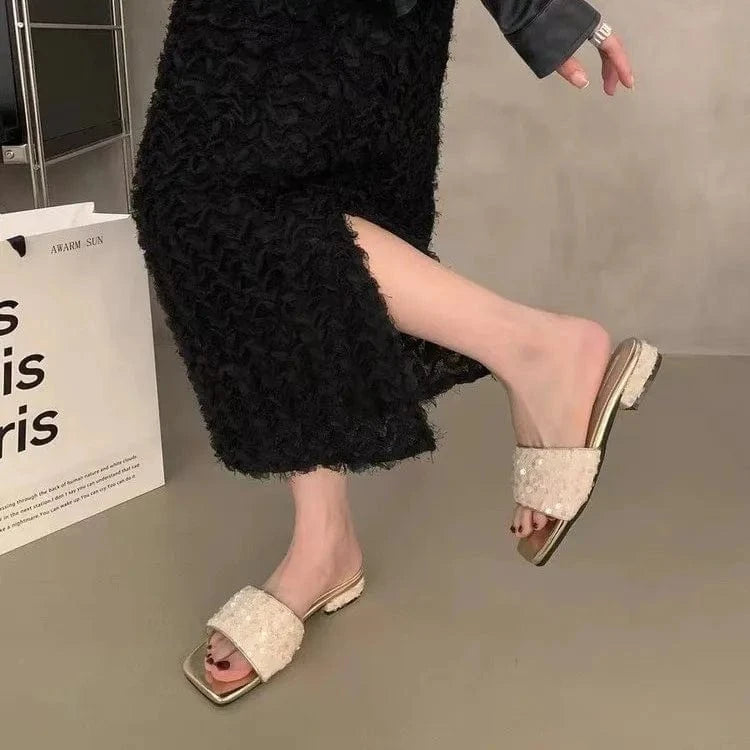 Dropshipping Custom Logo Silver Sequin 2024 New Block Heeled Sandals Summer Square-Head Slides Slippers for Women