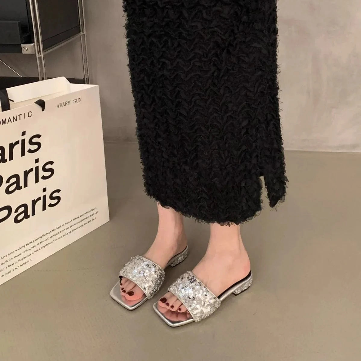 Dropshipping Custom Logo Silver Sequin 2024 New Block Heeled Sandals Summer Square-Head Slides Slippers for Women
