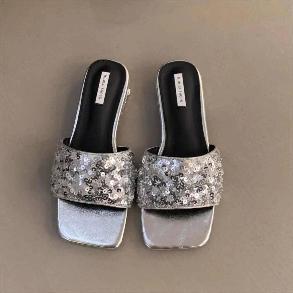 Dropshipping Custom Logo Silver Sequin 2024 New Block Heeled Sandals Summer Square-Head Slides Slippers for Women