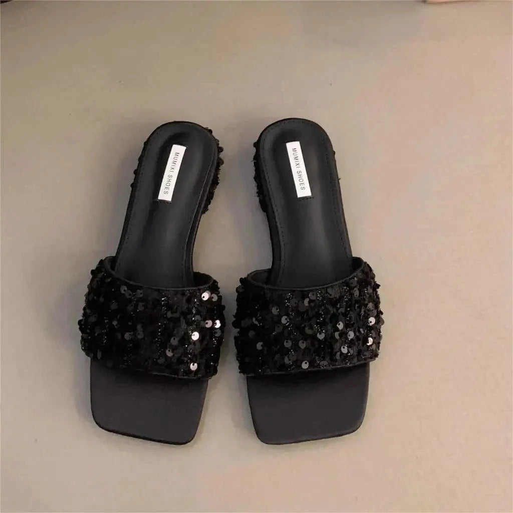 Dropshipping Custom Logo Silver Sequin 2024 New Block Heeled Sandals Summer Square-Head Slides Slippers for Women