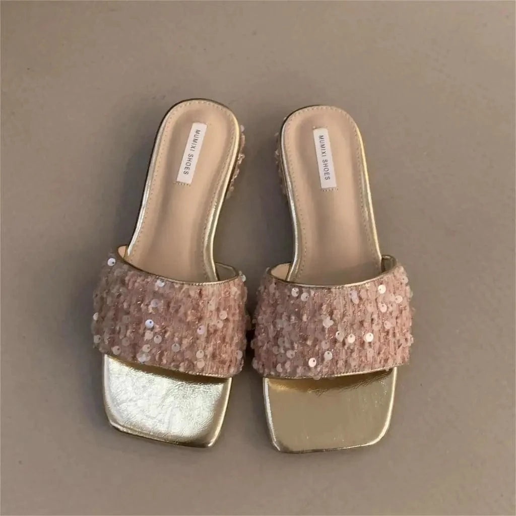 Dropshipping Custom Logo Silver Sequin 2024 New Block Heeled Sandals Summer Square-Head Slides Slippers for Women