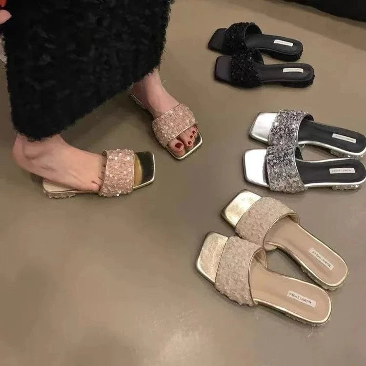 Dropshipping Custom Logo Silver Sequin 2024 New Block Heeled Sandals Summer Square-Head Slides Slippers for Women