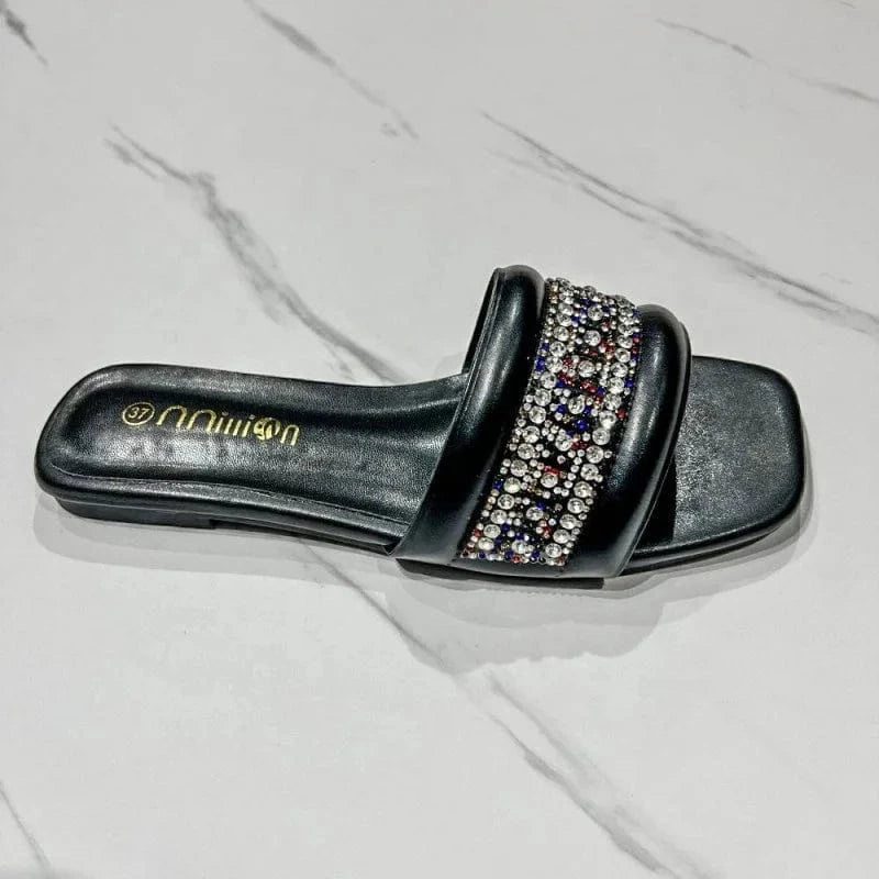 Dropshipping Custom Logo Soft Flat Slippers Women Outdoor Fashion Design Rhinestone Beach Slides Slippers