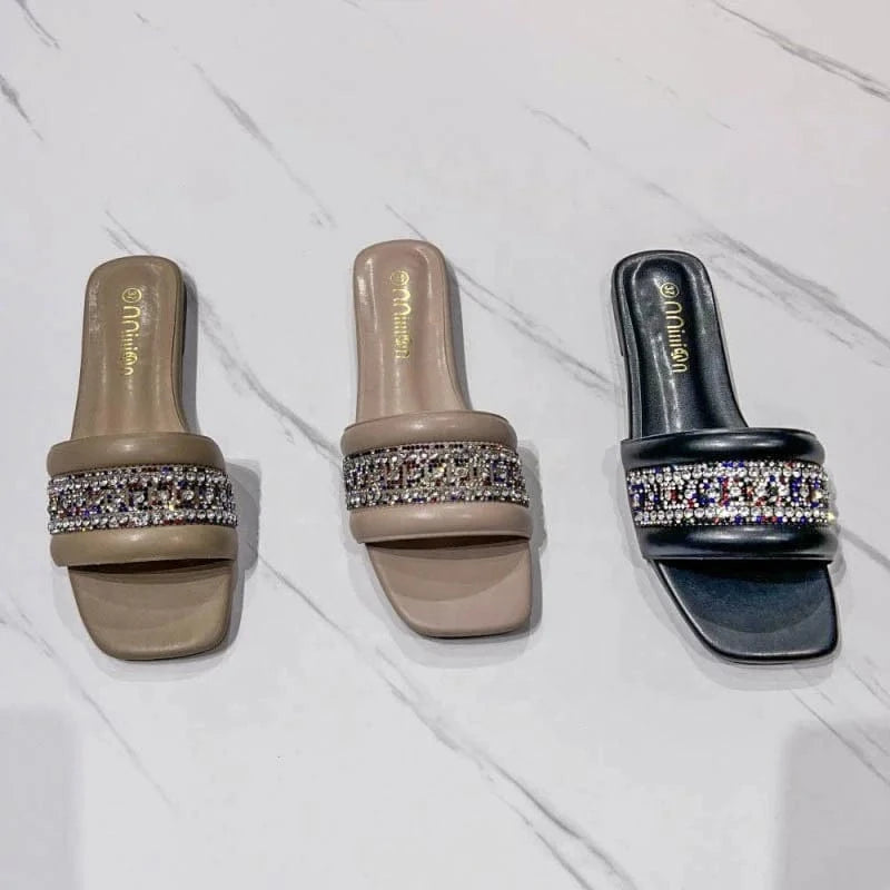 Dropshipping Custom Logo Soft Flat Slippers Women Outdoor Fashion Design Rhinestone Beach Slides Slippers