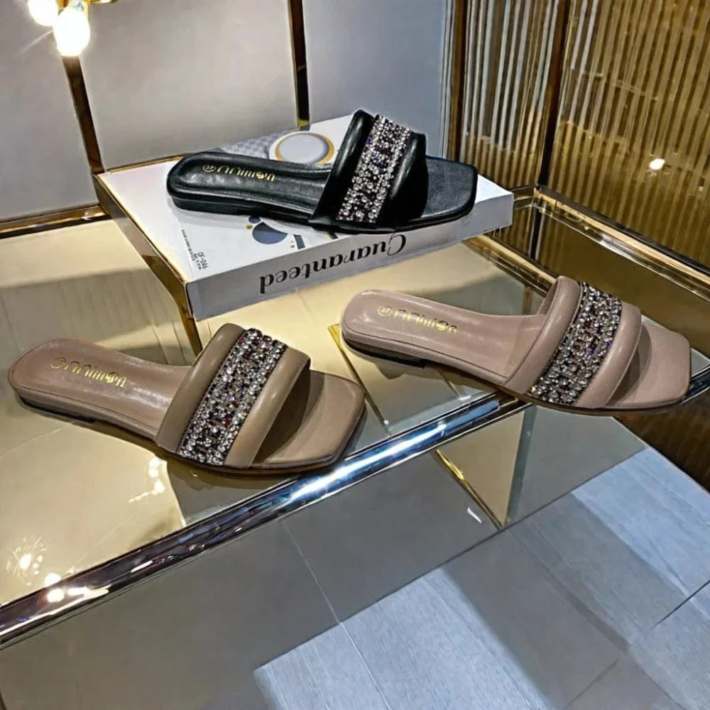 Dropshipping Custom Logo Soft Flat Slippers Women Outdoor Fashion Design Rhinestone Beach Slides Slippers