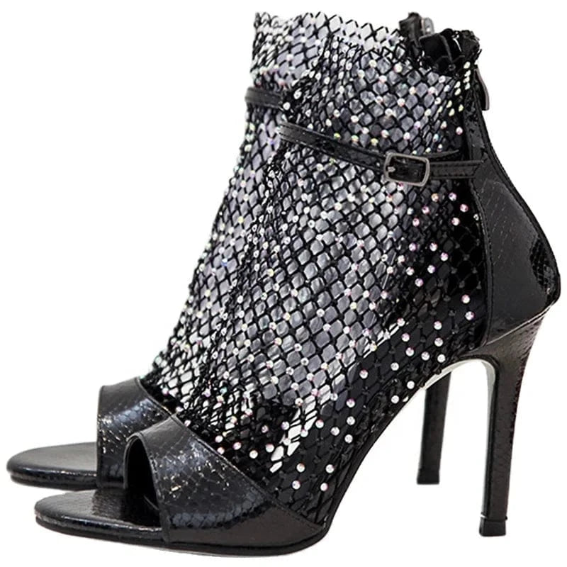 Dropshipping Custom Logo Summer High Heels Sandal Women Sexy Rhinestone Mesh Upper Breathable Flat Design Rubber