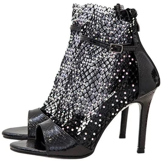 Dropshipping Custom Logo Summer High Heels Sandal Women Sexy Rhinestone Mesh Upper Breathable Flat Design Rubber