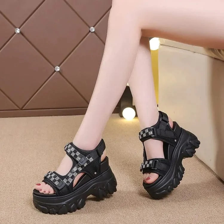 Dropshipping Custom Logo Summer Women's Fashion Strappy Platform Chunky Wedge Heel Sandals Womens Rhinestone Sandals