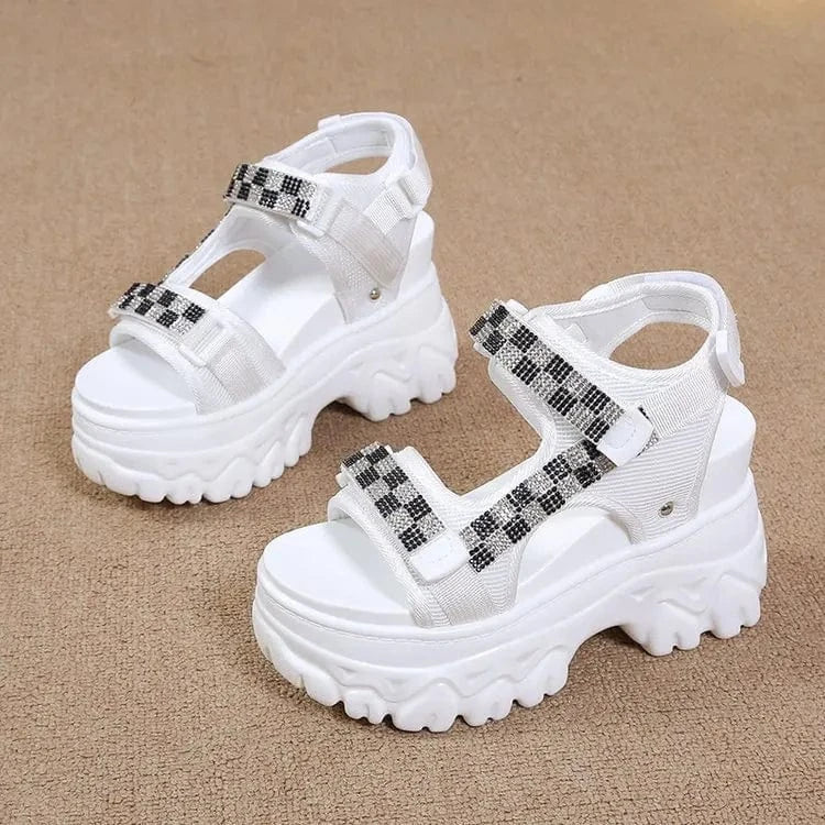 Dropshipping Custom Logo Summer Women's Fashion Strappy Platform Chunky Wedge Heel Sandals Womens Rhinestone Sandals