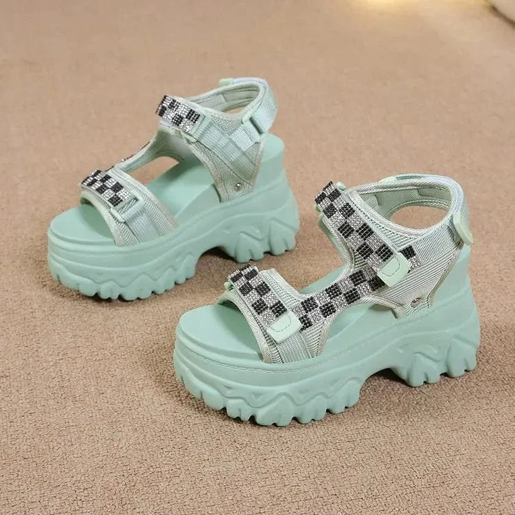 Dropshipping Custom Logo Summer Women's Fashion Strappy Platform Chunky Wedge Heel Sandals Womens Rhinestone Sandals