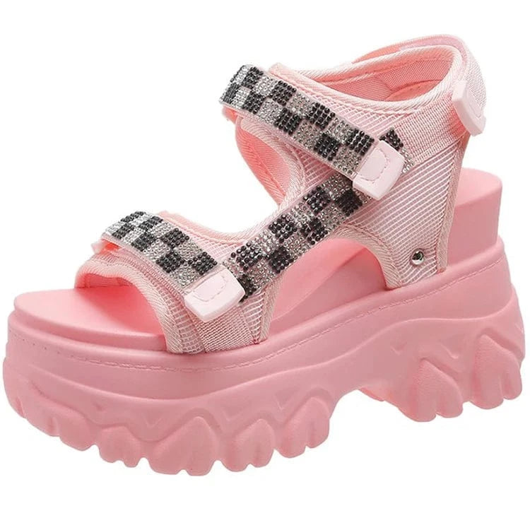 Dropshipping Custom Logo Summer Women's Fashion Strappy Platform Chunky Wedge Heel Sandals Womens Rhinestone Sandals