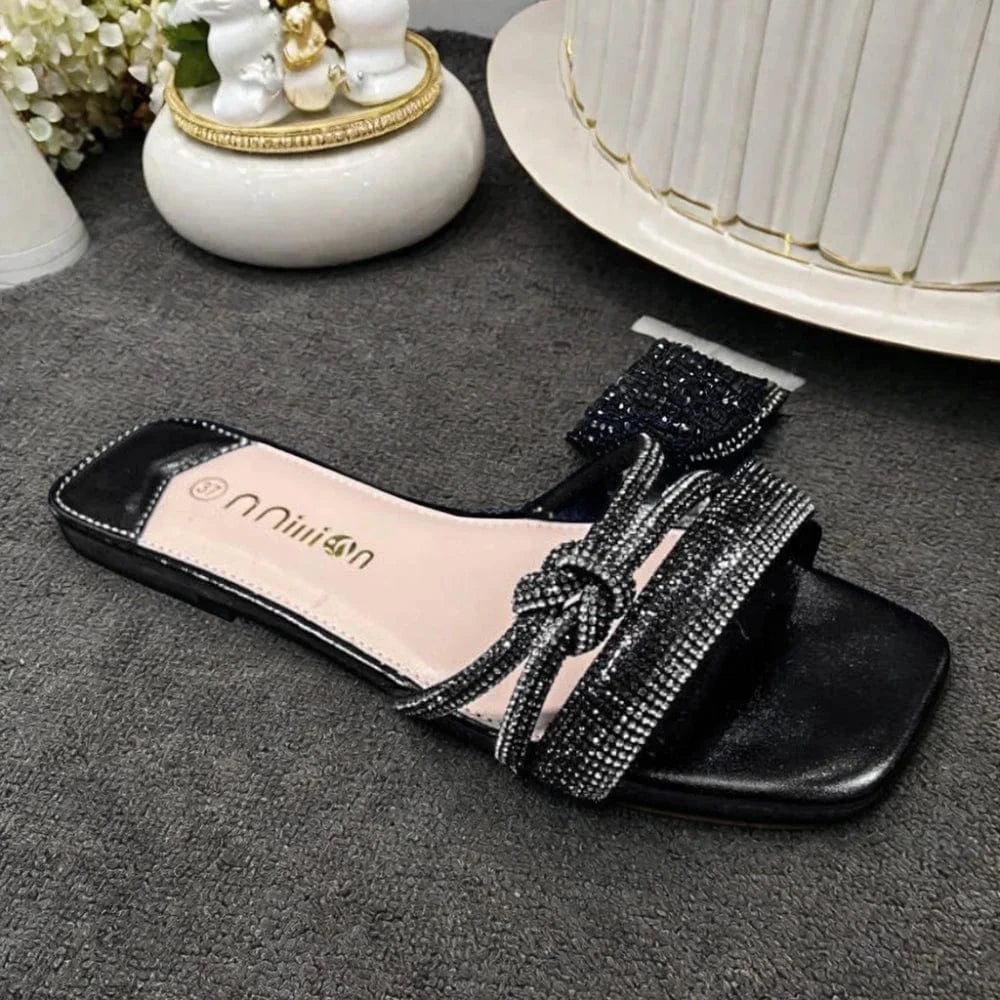 Dropshipping Custom Logo Summer Women`s Flat Beach Slippers Outdoor Comfortable Fashion Rhinestone Slides