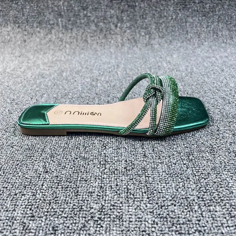 Dropshipping Custom Logo Summer Women`s Flat Beach Slippers Outdoor Comfortable Fashion Rhinestone Slides