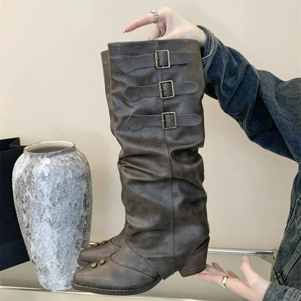 Dropshipping Custom Logo Vintage Low Heels Western Boots Women Shoes Rivet Cowboy Boots for Ladies