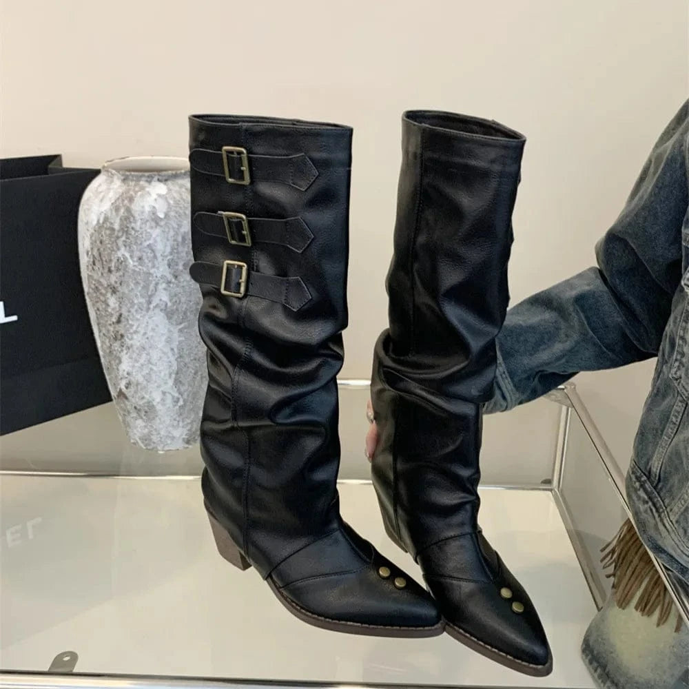 Dropshipping Custom Logo Vintage Low Heels Western Boots Women Shoes Rivet Cowboy Boots for Ladies